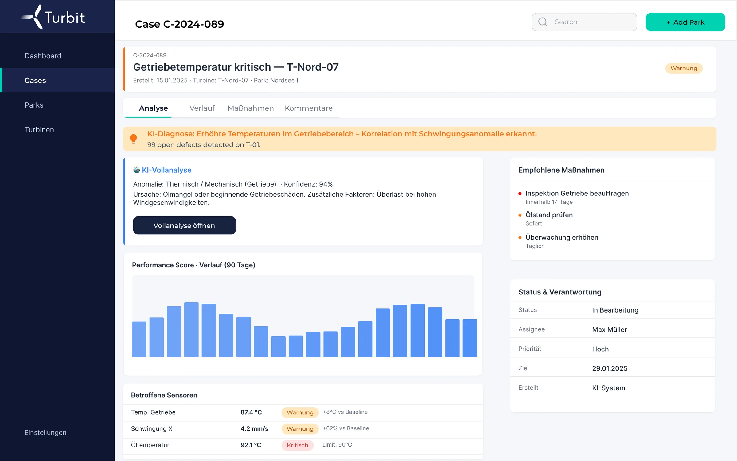 Turbit AI monitoring, case detail with AI diagnosis