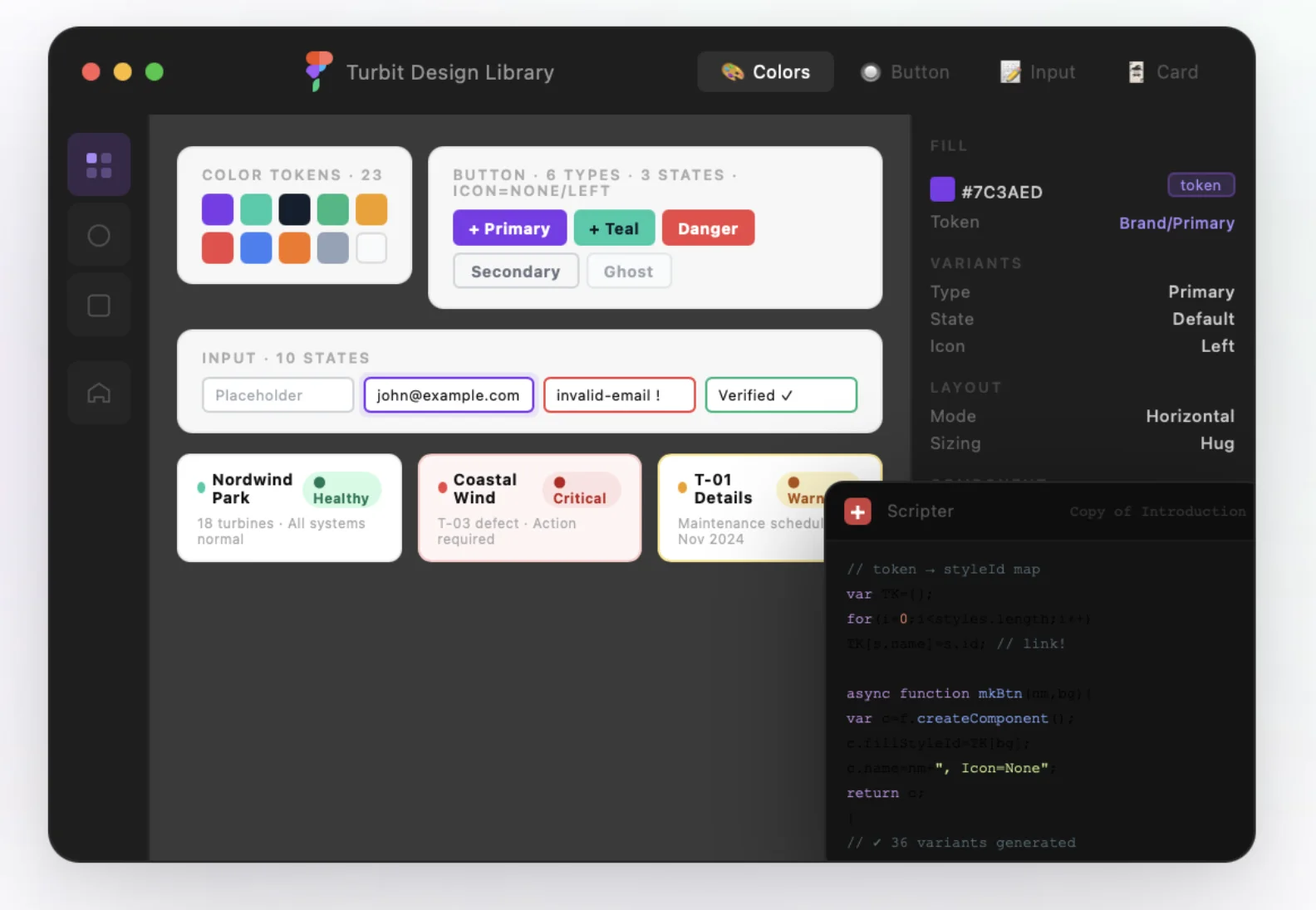 Turbit design library with tokens, buttons, inputs and status cards